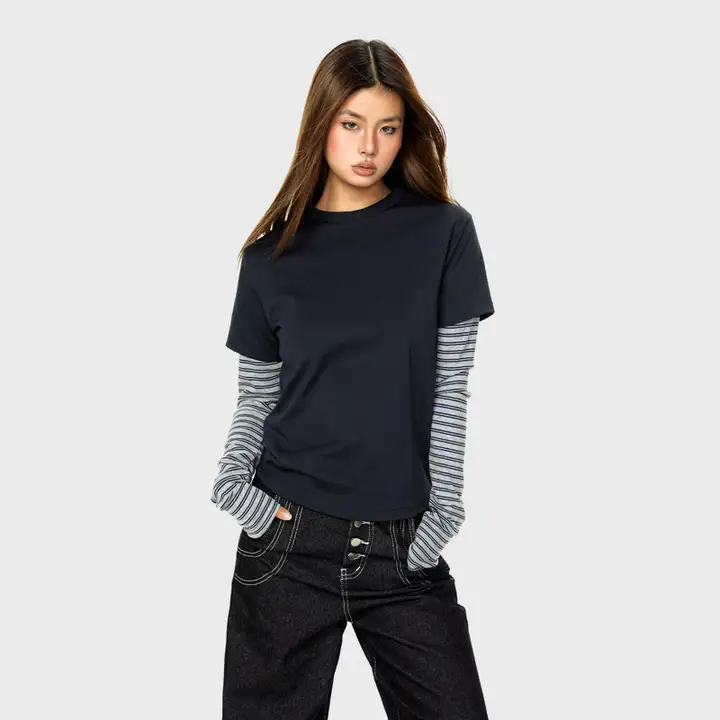長袖Tシャツ レディース アメリカン風 ストライプ パッチワーク フェイクレイヤード ルーズ 着痩せ インナー 春物 「BLACKBB」