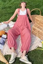 春夏向けピンクのサロペット【学生向け・ゆったりしたデザイン・ハーレンパンツ】（セットアップ対応）