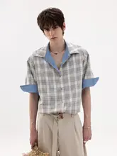 リバーシブルデザインのアイスシルクデニムチェック柄シャツ【夏用・ノーアイロン・抗シワ・ロールアップ袖】