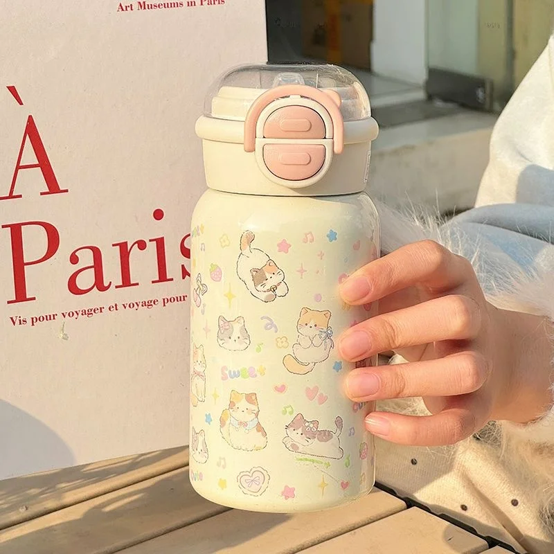 子供用保温保冷水筒 ストロー 500ml ダブルドリンク対応 カラーキャットデザイン