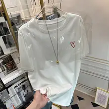 ハート刺繍付き レディースTシャツ【シンプル・綿・ワイドフィット・丸首・短袖・夏用】