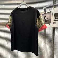 中国風刺繍入り フリップカフスデザイン 短袖Tシャツ【女性用・秋季向け・お洒落】