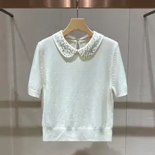 小柄向けの若返りコーデ【春用・ドールカラー・ショートスリーブ・ニットトップス・ベルベット刺繍スカート】（セットアップ対応）