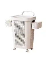大型プラスチック製ふた付きランドリーバスケット【キャスター付き・便利な収納用】