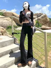 アメリカンビンテージスタイル！ブラック微フレア工場風パンツ【ハイウエスト・スリムフィット・ロング丈】（セットアップ対応）