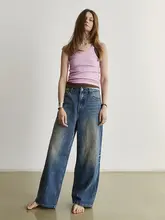 ROHEME ヴィンテージブルー レディース ワイドストレートジーンズ【春秋用・高級感・純棉】