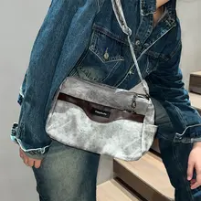 レトロデザインの多機能レザーショルダーバッグ【デニム風・スライド式ポケット付き】