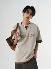男士Vネック重ね着風Tシャツ【ラフなルーズフィット・短袖】（セットアップ対応）