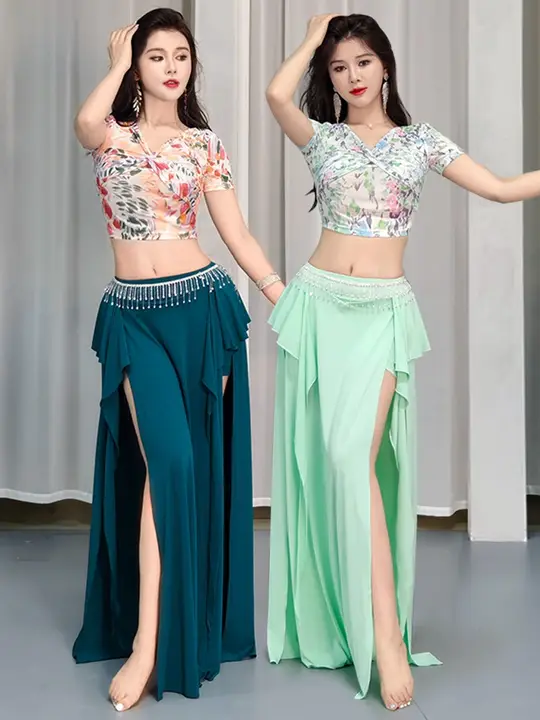 新作の花柄メッシュ腹舞衣【セクシー・コントラストカラー・長袖・踊り用】（セットアップ対応）