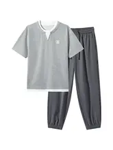 冷感アイスシルクTシャツ＆束脚カジュアルパンツ【通勤対応・半袖・肌理デザイン】（セットアップ対応）