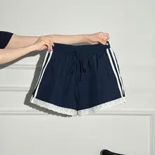 レディース レーストリム付きハイウエストワイドレッグショートパンツ【夏用・フィット】（セットアップ対応）
