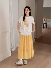 フランス風のイエロープリーツハイウエストマキシスカート【夏用・Aライン・ウエストゴム】