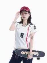 アメリカンレトロ風Vネック半袖Tシャツ【フィット感抜群・スポーティー・女性用】