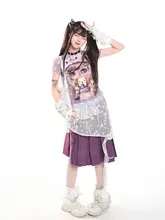 カジュアルなアニメプリントの半袖Tシャツ【夏用・透け感あり・フィット感】（セットアップ対応）