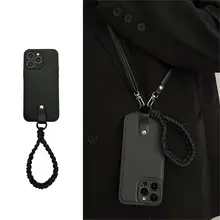 シンプルで洗練された黒の防丢編みフローティングストラップ【スマホ用・iPhone対応】