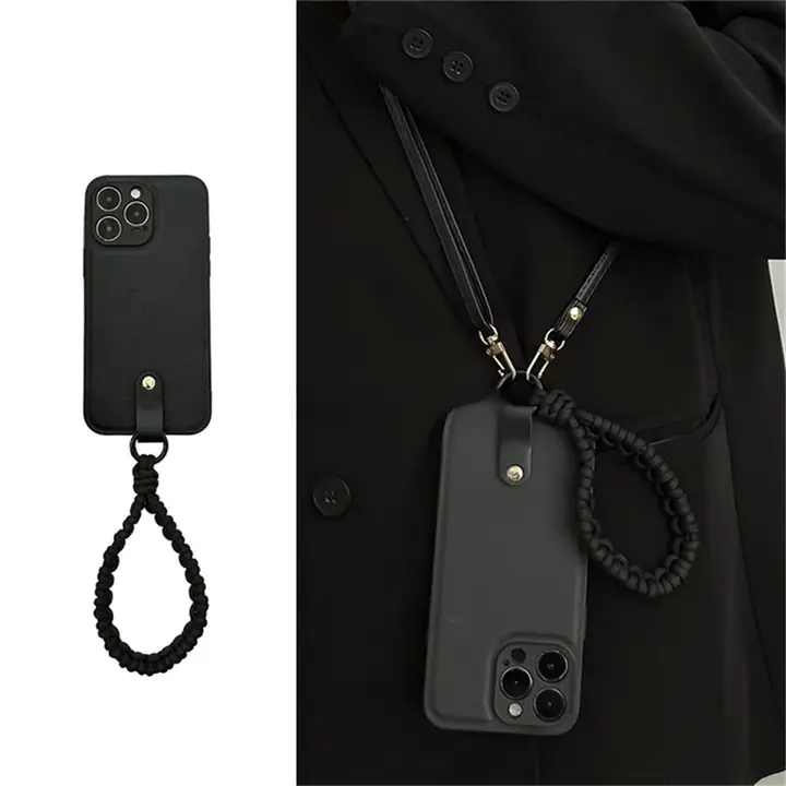 シンプルで洗練された黒の防丢編みフローティングストラップ【スマホ用・iPhone対応】
