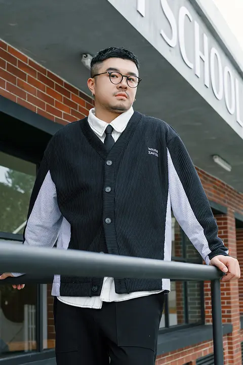 メンズ 大きいサイズ ニットカーディガン【春秋用・ルーズフィット・レイヤード風デザイン】（セットアップ対応）
