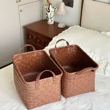 水洗い可能！レトロ風の高級フェイクラタン収納バスケット【お菓子・おもちゃ・衣類・雑貨整理用・ピクニックバスケット】