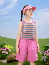 子供用 カジュアル ノースリーブ トップスとショートパンツ【夏用・ストライプデザイン・二点式】（セットアップ対応）