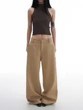 カキ色のレトロストレートパンツ【高腰・ウエストシェイプ・秋用・ルーズフィット】