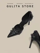Gulita ブラック ポインテッドトゥ ハイヒール【細ヒール・スタッズデザイン・フランススタイル】