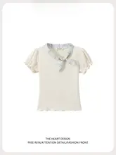 バインディングデザインの斜め襟短袖Tシャツ【女性用・夏用・フィット感・フリル付き】