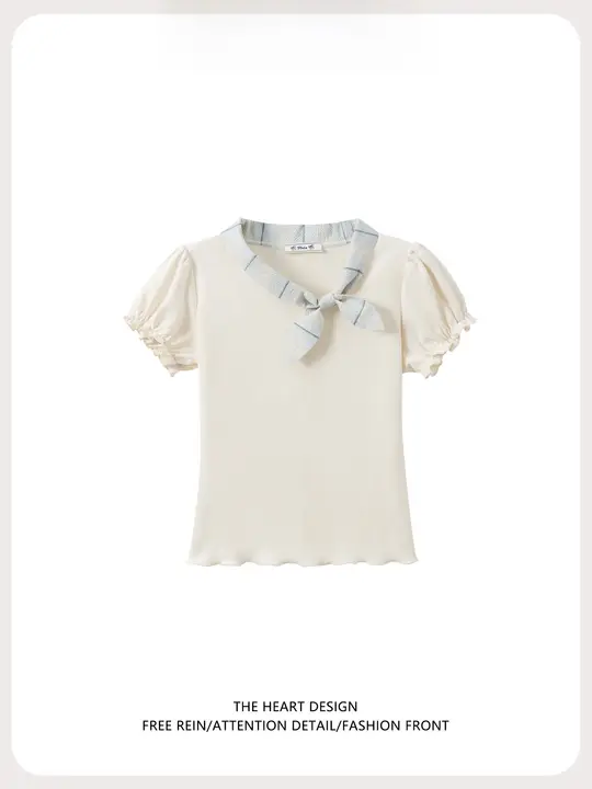 バインディングデザインの斜め襟短袖Tシャツ【女性用・夏用・フィット感・フリル付き】