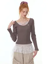 秋冬用アメリカンデザインのリボン付き長袖ニットTシャツ【インナー用】（セットアップ対応）