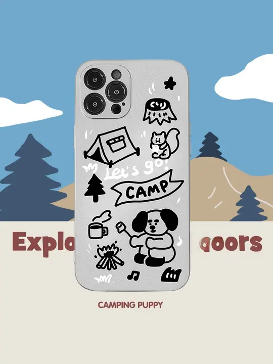 スマホケース iPhone対応 ソフトタイプ シルバー キャンプ柄 犬 おしゃれ