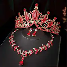 全金の赤い花嫁用クラウンヘッドアクセサリー【ネックレス・イヤリング・三点仕様】（セットアップ対応）