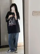 ヴィンテージ風 ブラックオーバーサイズ Tシャツ【夏用・ストリートスタイル・女性用】