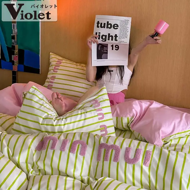 Violet バイオレット 全棉ストライププリント 四点セット【シーツ・カバー・寝具】（セットアップ対応）