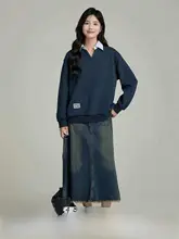 レトロなデザインのハイウエストAラインデニムスカート【ブルー・フリンジ付き・ロング丈】