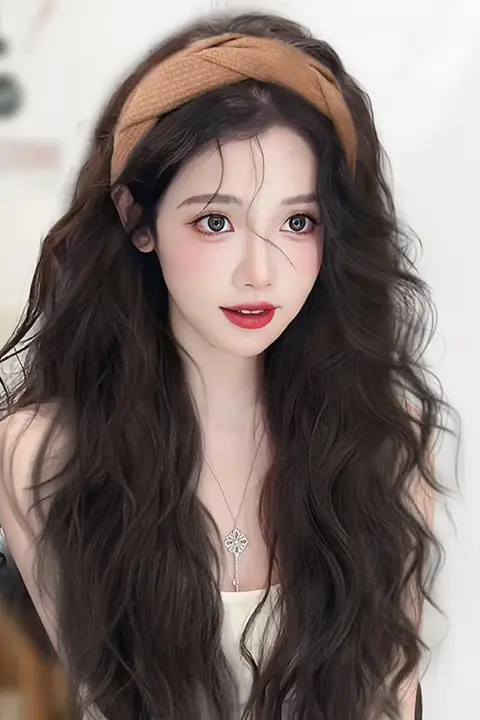 ヘアバンド付きウィッグ【秋冬用・長いウェーブ・リアルヘア・スタイリッシュな水波模様・フルウィッグ】