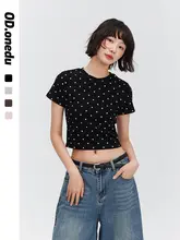 ODonedu 黒のドット印刷ストレッチショートTシャツ【女性用・夏・フィット・半袖】