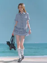 花柄ヘムデザインのチェック柄ドロップショルダーシャツ【ブルー・半袖・リボン付き】