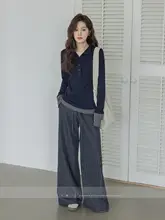 モダンデザインのダークブルー長袖Tシャツ【レイヤード風・カジュアル・秋用】（セットアップ対応）