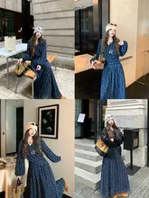 Vネック フラワープリントウエストリボン ワンピース【春秋対応・長袖・女性用】