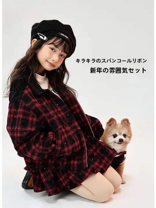 女児用お正月服【冬用・赤色・フリル付き・リトルレトロデザイン】（セットアップ対応）