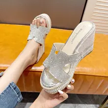 サンダル【シルバー・ウェッジヒール・厚底・水晶装飾】