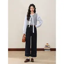 ブルーの長袖シャツとグレーのベスト【重ね着・通勤用・2点コーディネート】（セットアップ対応）