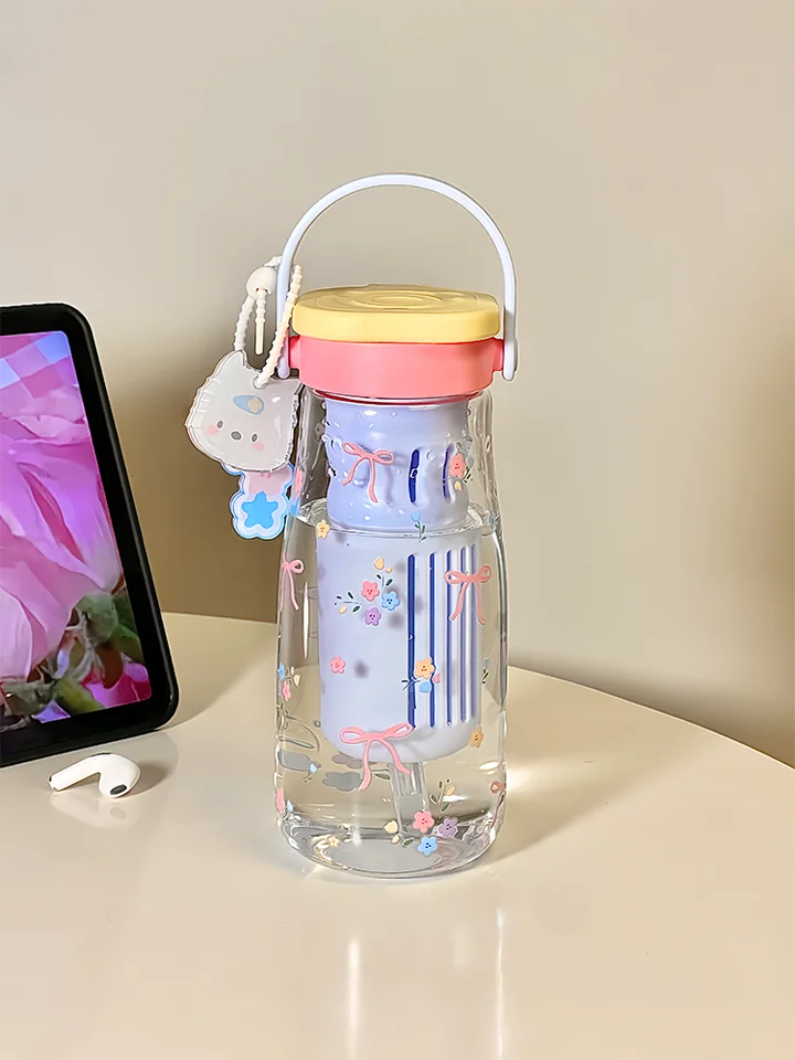 可愛いデザインの食品グレード高硼珪酸ガラス製タンブラー【ストロー付き・持ち運び便利・茶水分離型】