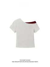 斜め襟デザインのショートスリーブTシャツ【女性用・フィット感抜群・オフショルダー】