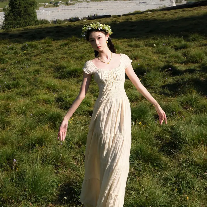 水洗のプリーツ加工が魅力的なドレス【松柔らかなコットン・ウエスト絞り・ロング丈】