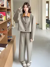 春秋にぴったり！グレーのオーバーサイズトップスとワイドパンツ【高 級感あふれるスタイル】（セットアップ対応）