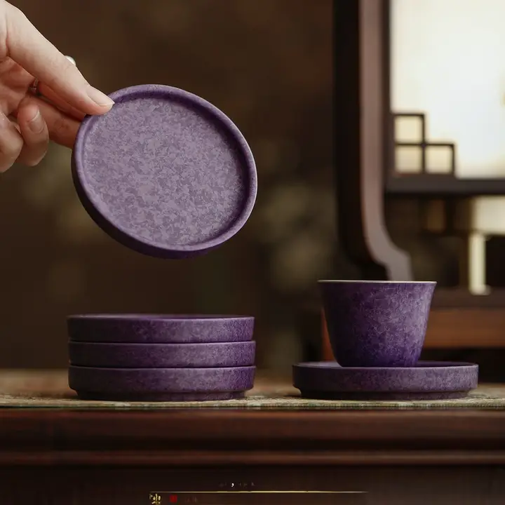 紫色結晶釉の円形カップマット【防熱・茶道用】