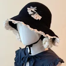 手作りリボン付きレースフック針編みフィッシャーハット【秋冬用・黒】