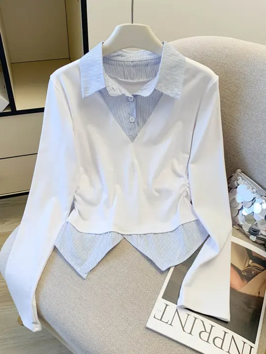 春の学院風デザイン！カラーブロック襟付きTシャツ【女性用・おしゃれで独特】（セットアップ対応）