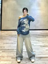 レトロプリントオフショルダーニットトップス【秋用・フィット・長袖】