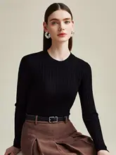 100%ラムウールのシンプルな女性用ニットセーター【ラウンドネック・長袖・カジュアル】（セットアップ対応）